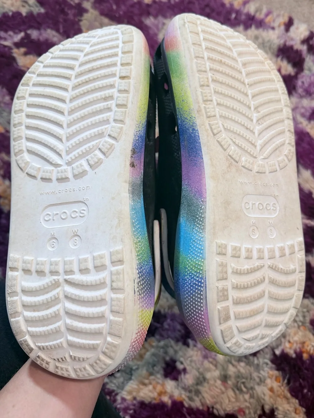 CROCS size (6-8) I’m a real size 7 Black Clog with Tie-Dye Sides and Fun Charms